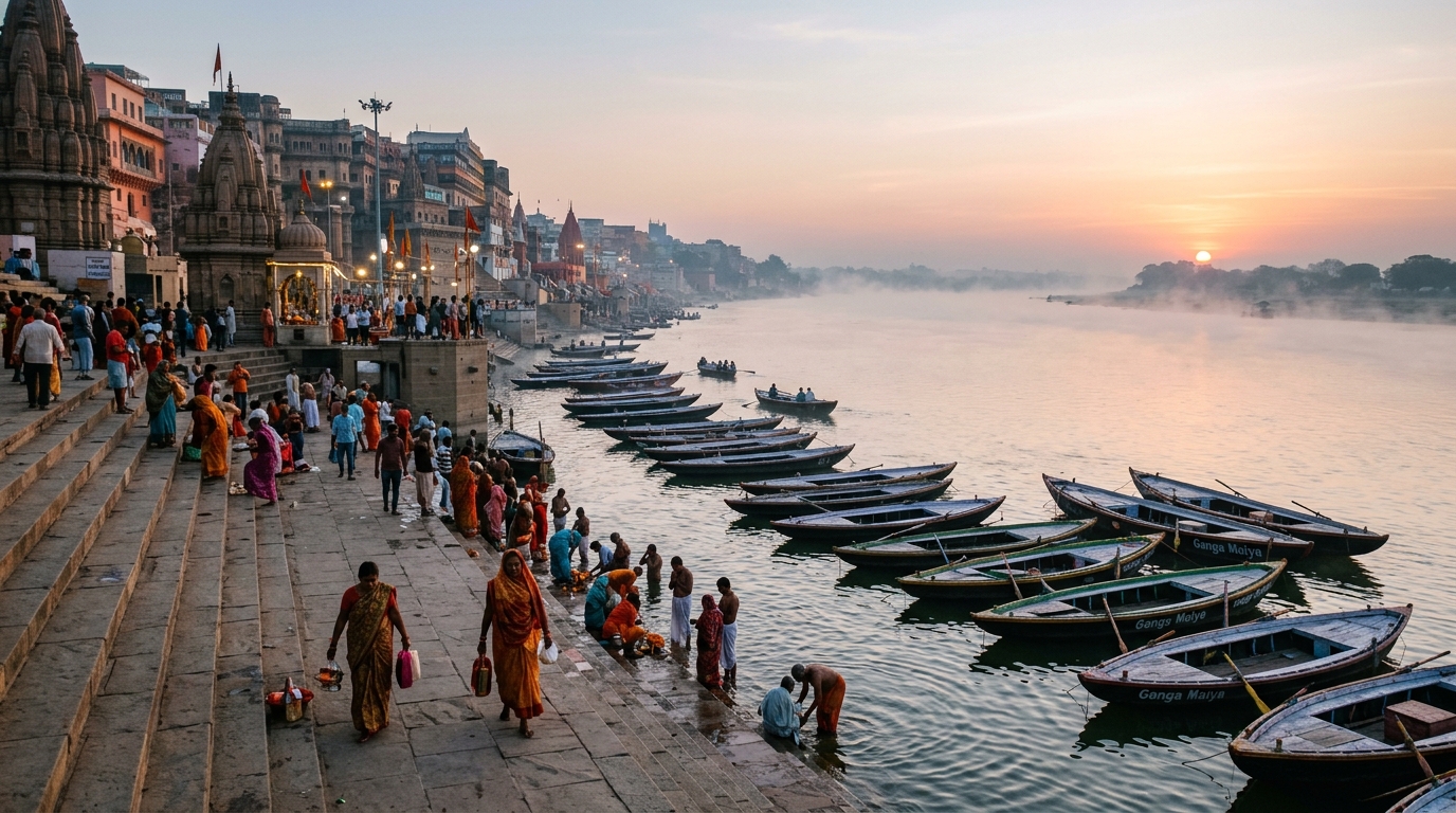 Serene morning view of Assi Ghat with pilgrims and mist rising from the Ganga