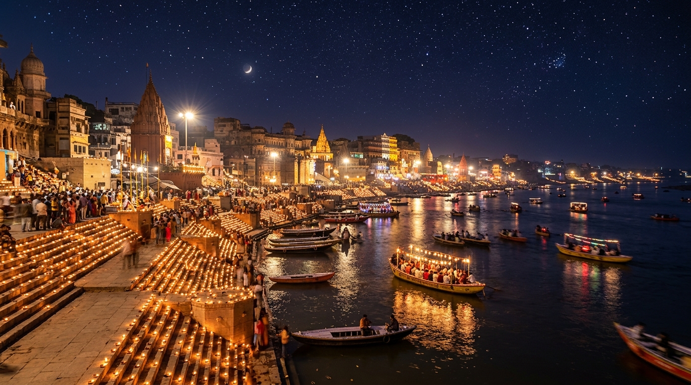 Dev Deepawali clay lamps lighting up the ghat steps