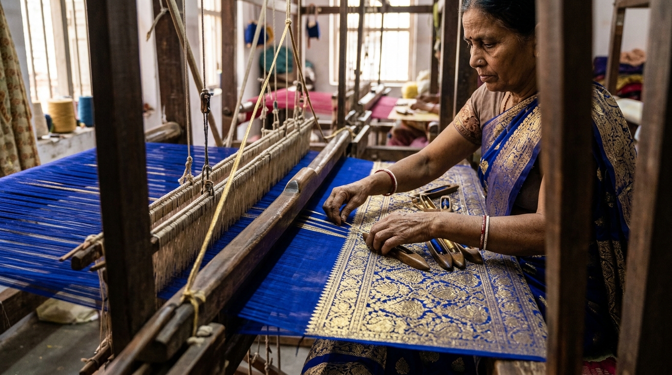 Weaving fine gold brocade onto blue silk