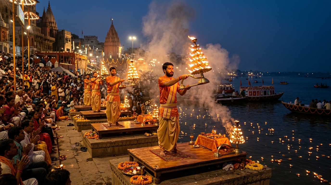 Spectacular view of the Ganga Aarti ritual with brass lamps and flames by the river