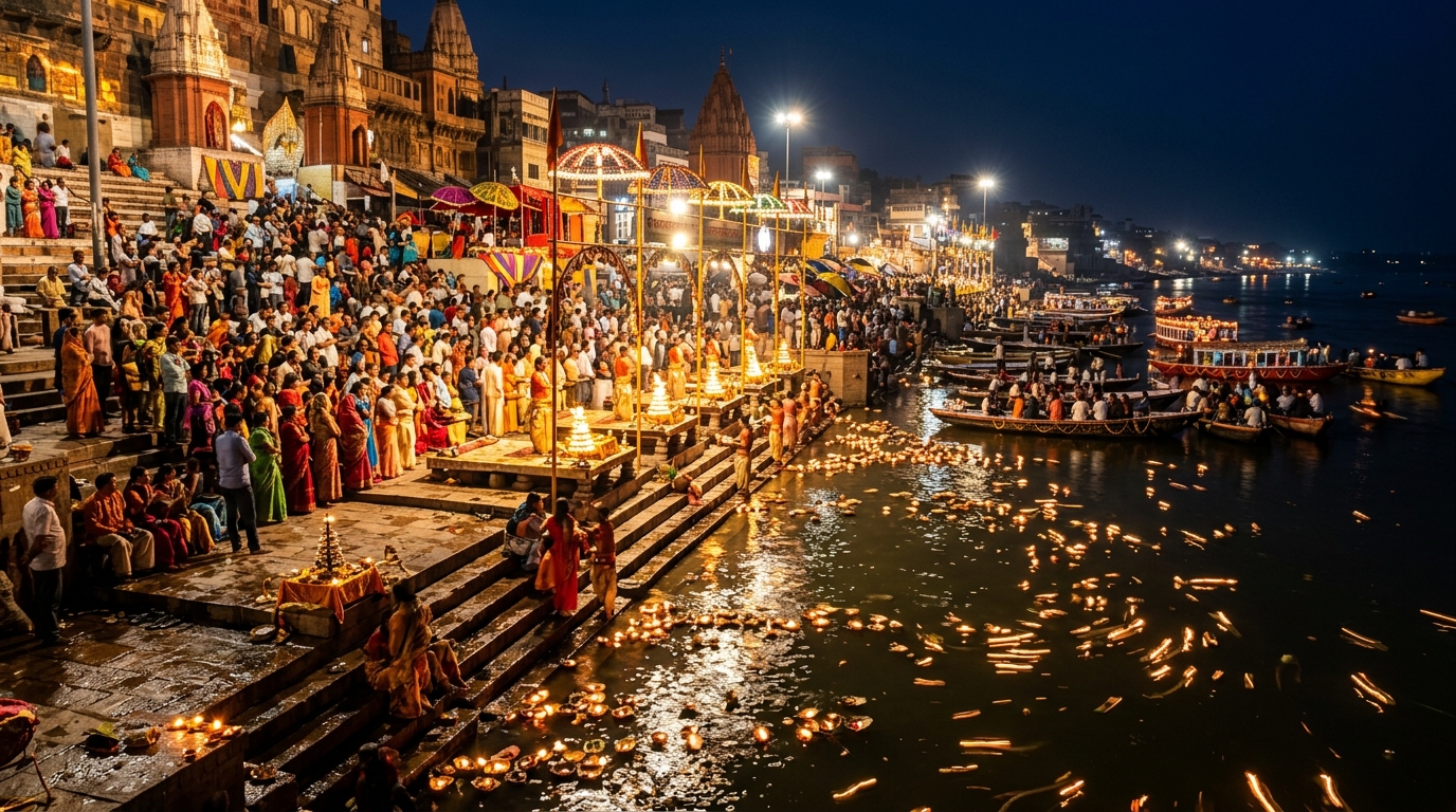 Vibrant evening view of Dashashwamedh Ghat in Varanasi with lights and boats